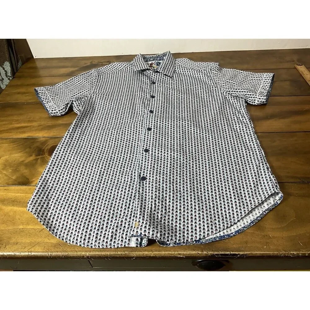 Robert Graham Shirt Mens Large L Blue Print Button Up Classic Fit Short Sleeve